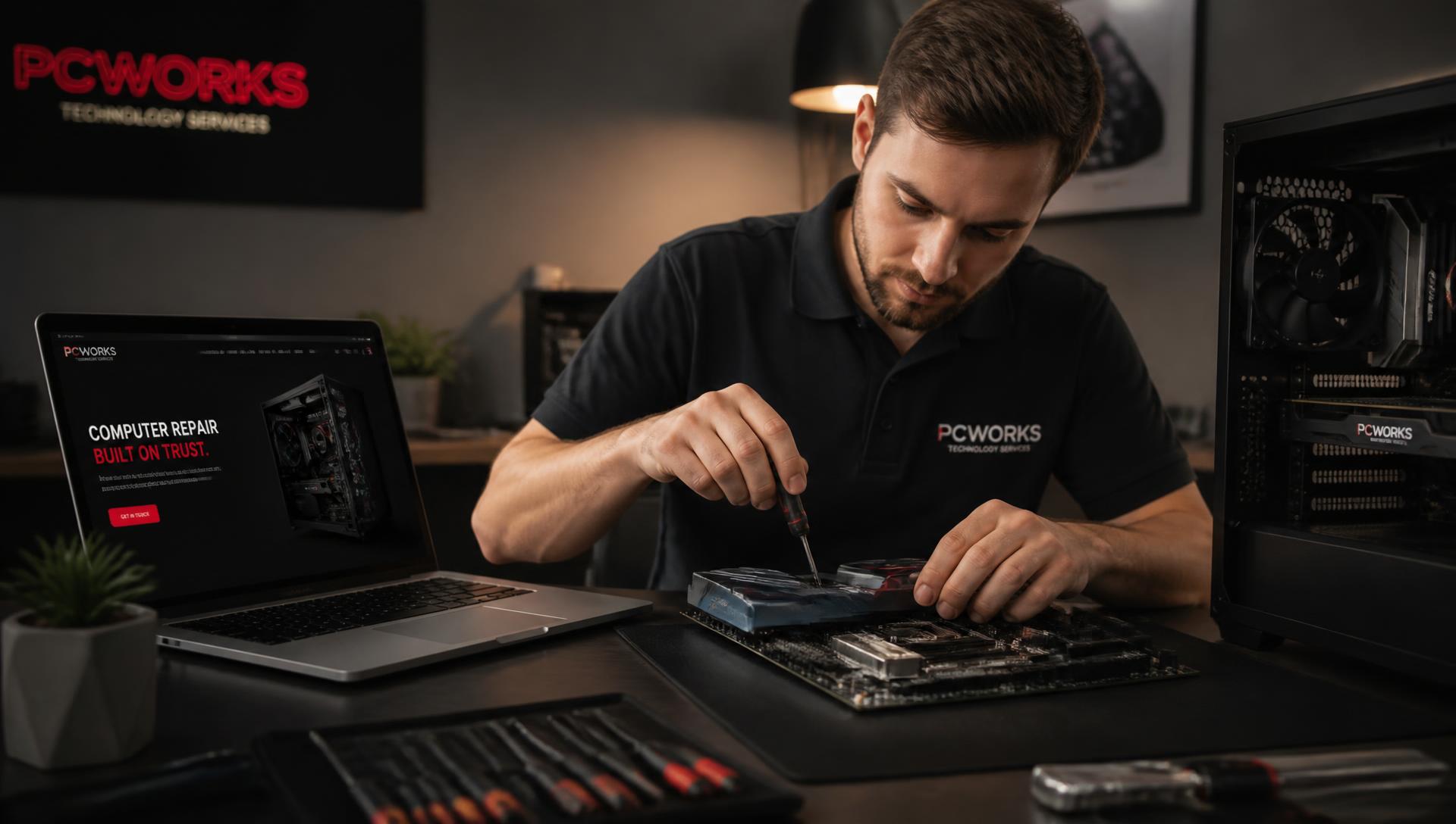 Técnico realizando reparo em placa-mãe de computador em ambiente profissional